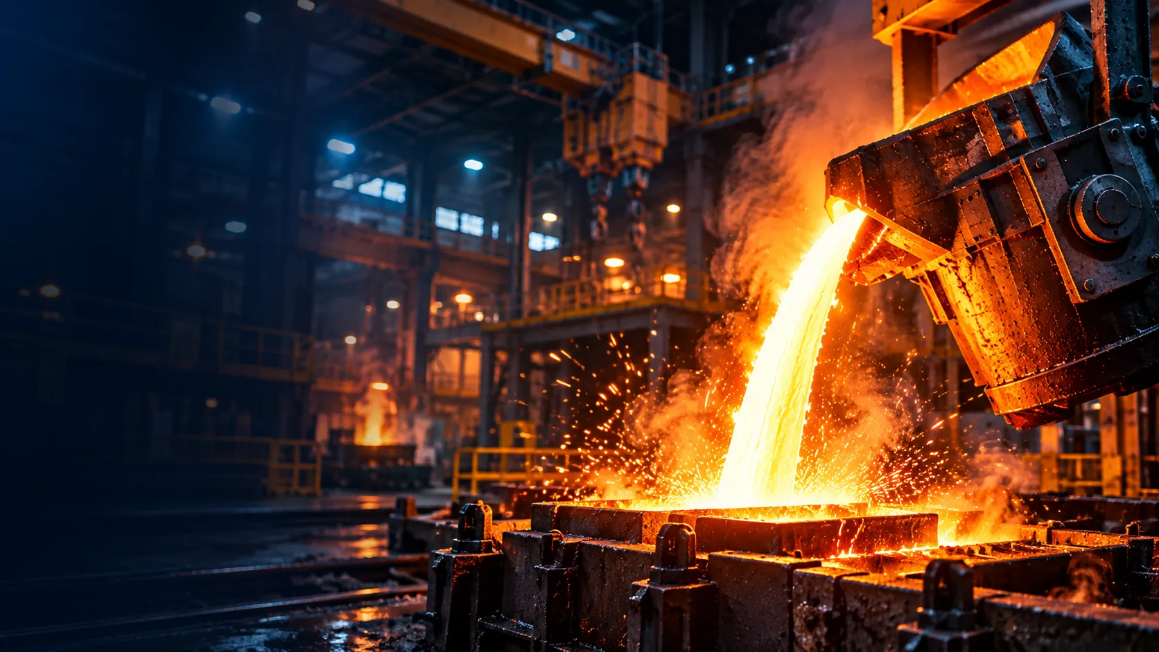Molten metal being poured from a ladle in a foundry
