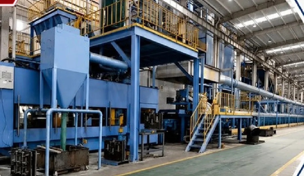 Vertical parting flaskless automatic molding machine in blue enclosure